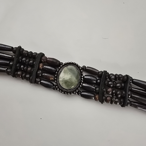 Boho Tribal Brown Wood Beaded Green Stone Choker Adjustable Necklace - Picture 5 of 7